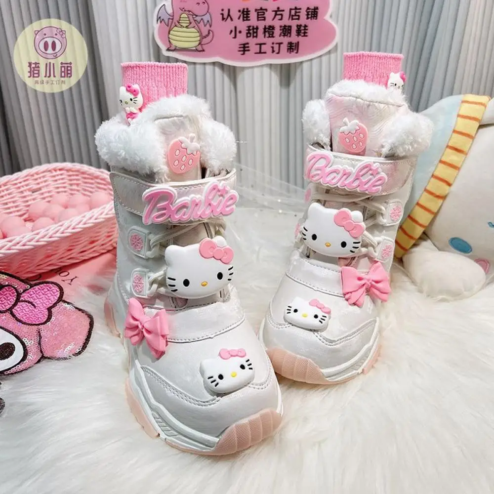 Kawaii Hello Kitty Kid White Snow Boots Anime Sanrio Cute Leather Face Non-Slip Short Boots Warm Waterproof Girl Christmas Boots