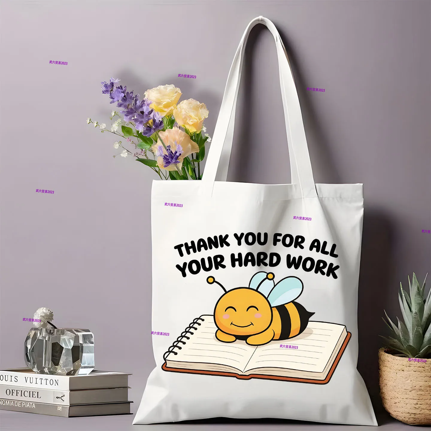 Reusable Canvas Shopping Bag Cute Bee Book Letter Print Shoulder Tote Handbag Thank You Gift for Teacher School Daily Use