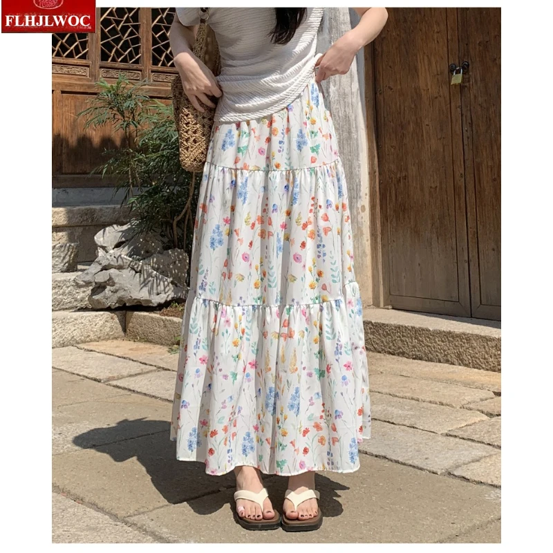 Holiday Cute Women’s High Waisted Bohemian Style Floral Midi Skirt Summer Colorful Ditsy Print A-Line Flared Swing Long Skirt
