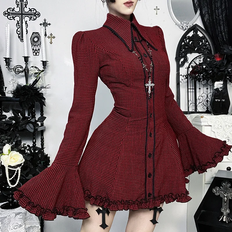 Japanese Elegant Gothic Retro Mini Dress Women Flare Bell Sleeves Single-breasted Plaid Dress Y2K 2000s Aesthetic Shirt Dresses