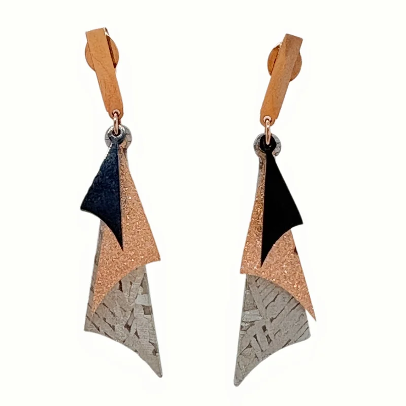 Muonionalusta Iron Meteorite Drop Earrings Geometric Multi‑Metal Splicing Widmanstätten Pattern Women Cosmic Jewelry
