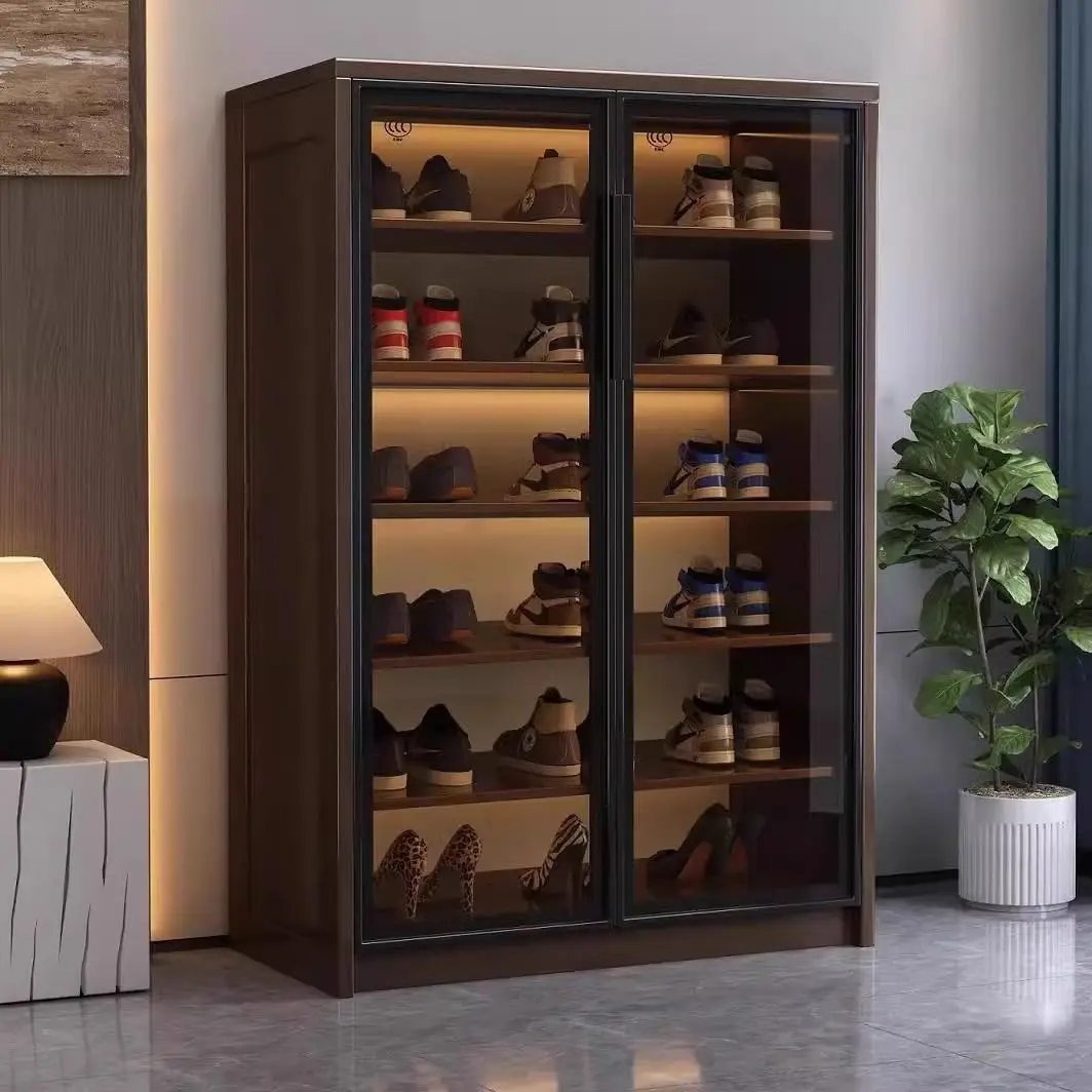 Modern Entryway Furniture Elegant Black Modular Shoe Rack Collection Storage Cabinet with Clear Glass Door