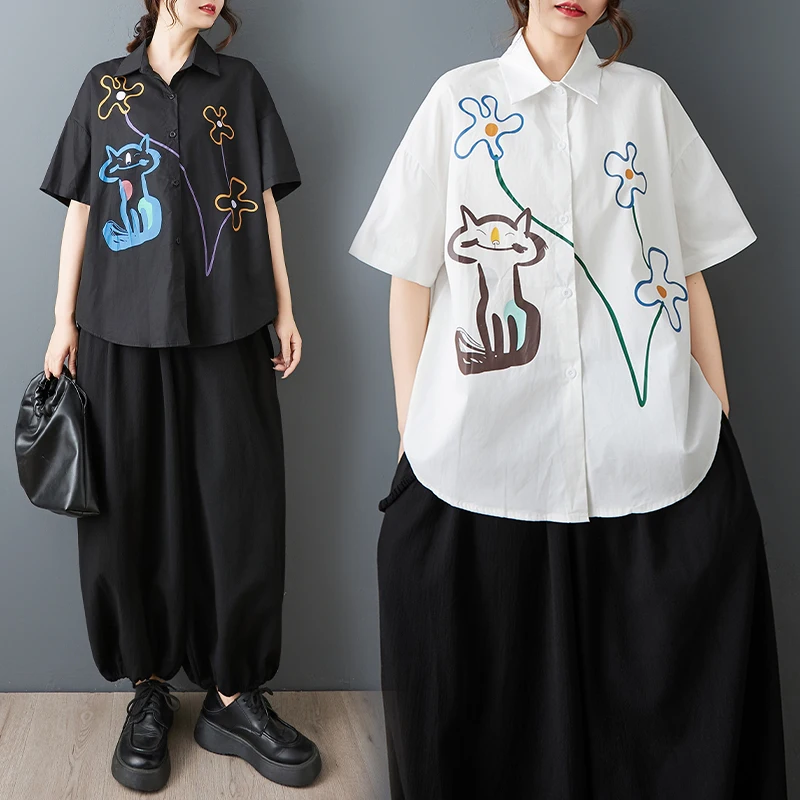 Summer New Retro Style  Color Short Sleeve Cartoon Print Commute Slimming Women's Shirt Cotton Loose Fit Fashionable Design