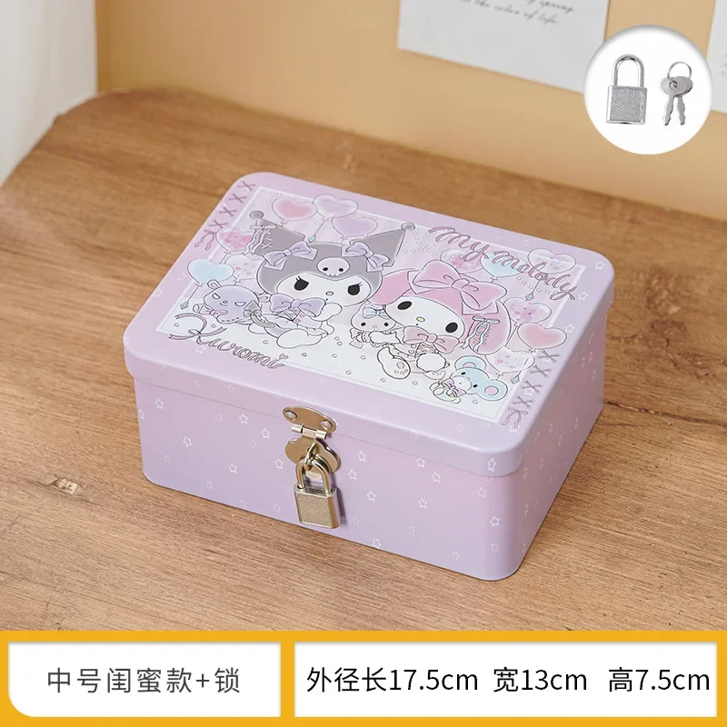 سانريو Kawaii مرحبا كيتي قابل للقفل صندوق تخزين مكتبي بلدي ميلودي سينامورول أنيمي الكرتون المنزلية قفل بكلمة مرور صندوق صفيح