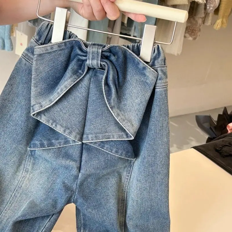 2-12Years Toddler Kids Wide Leg Denim Pants for Girls Cute Loose Jeans with Bow Infant Fall Trousers 2 3 4 5 6 7 8 9 10 11