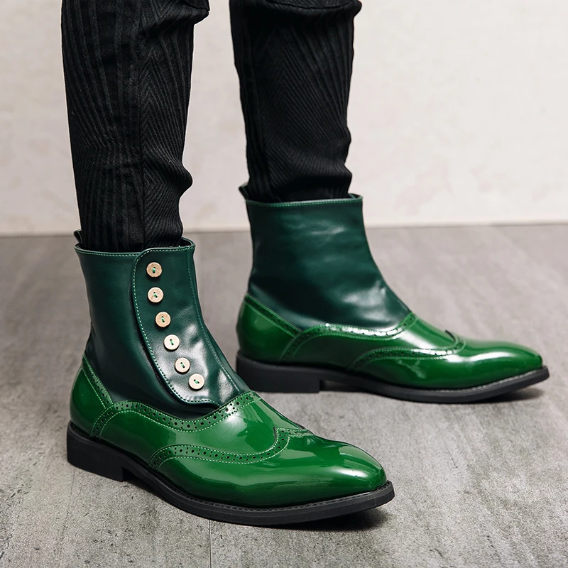 Fashionable New Men\'s Pointed Chelsea Boots Street Trend Green High Top Shoes Men\'s Outdoor Workwear Boots British Style