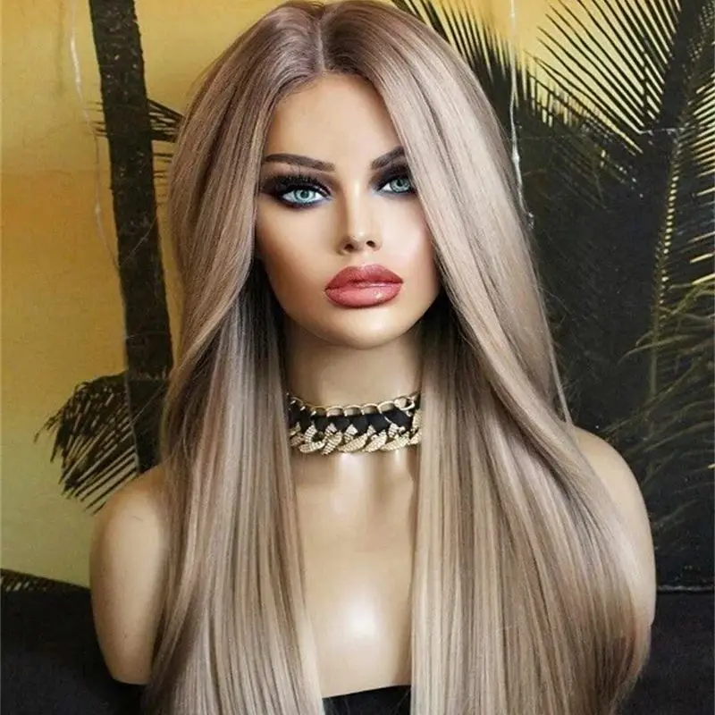 

Коричневый Ombre с светлыми полосками, прямой парик Balayage, смесь человеческих волос премиум-класса, HD, невидимый парик спереди, 13x4, свободная часть парика