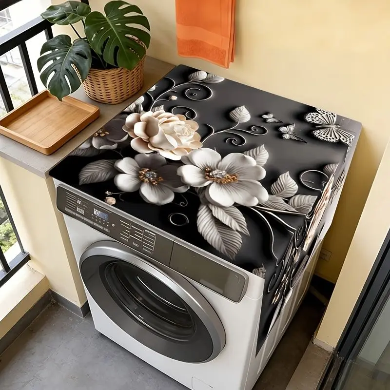 VIKAMA Noir 3D White Bloom Butterfly Washing Machine Top Mat Stereo Floral Leaf Vine Cover Water Resistant Non Slip Kitchen Soft