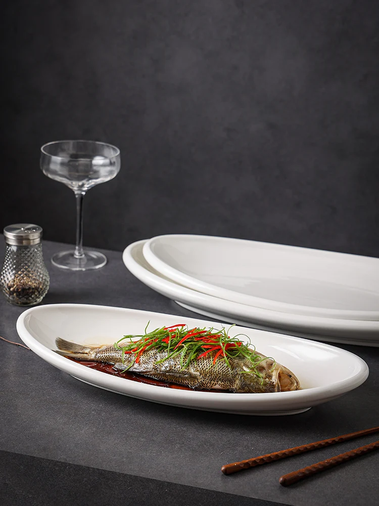 

Большая креативная тарелка для рыбы, элитная, для отелей и ресторанов, специальная тарелка для рыбы на пару, из белого фарфора, эллиптической формы
