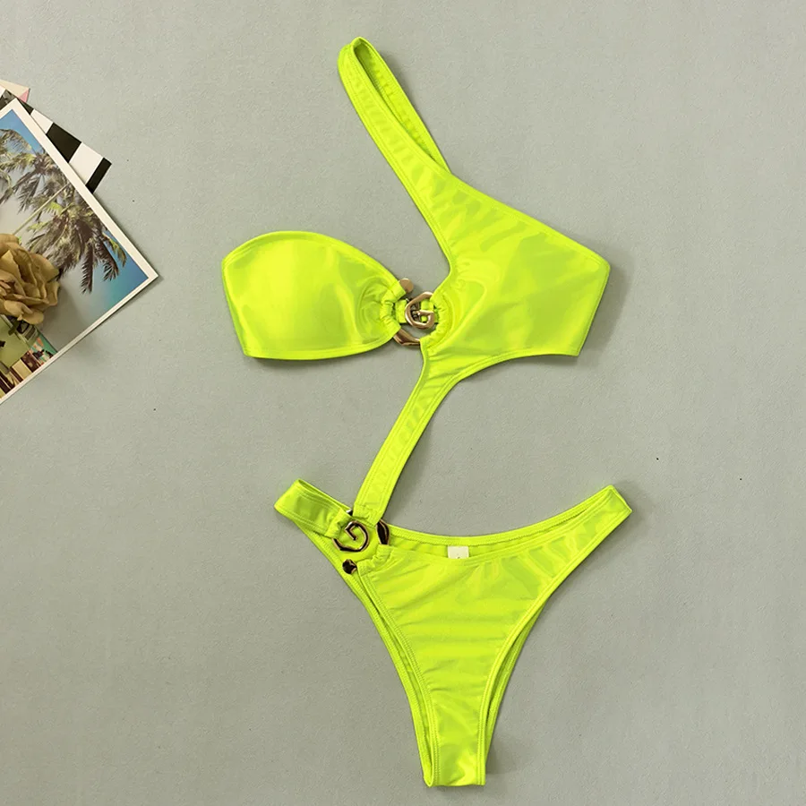 Neon Yellow One Shoulder Swimwear Sexy One Piece Swimsuit Woman 2026 New Metal Ring Hollow Out Monokini Backless Bathing Suit