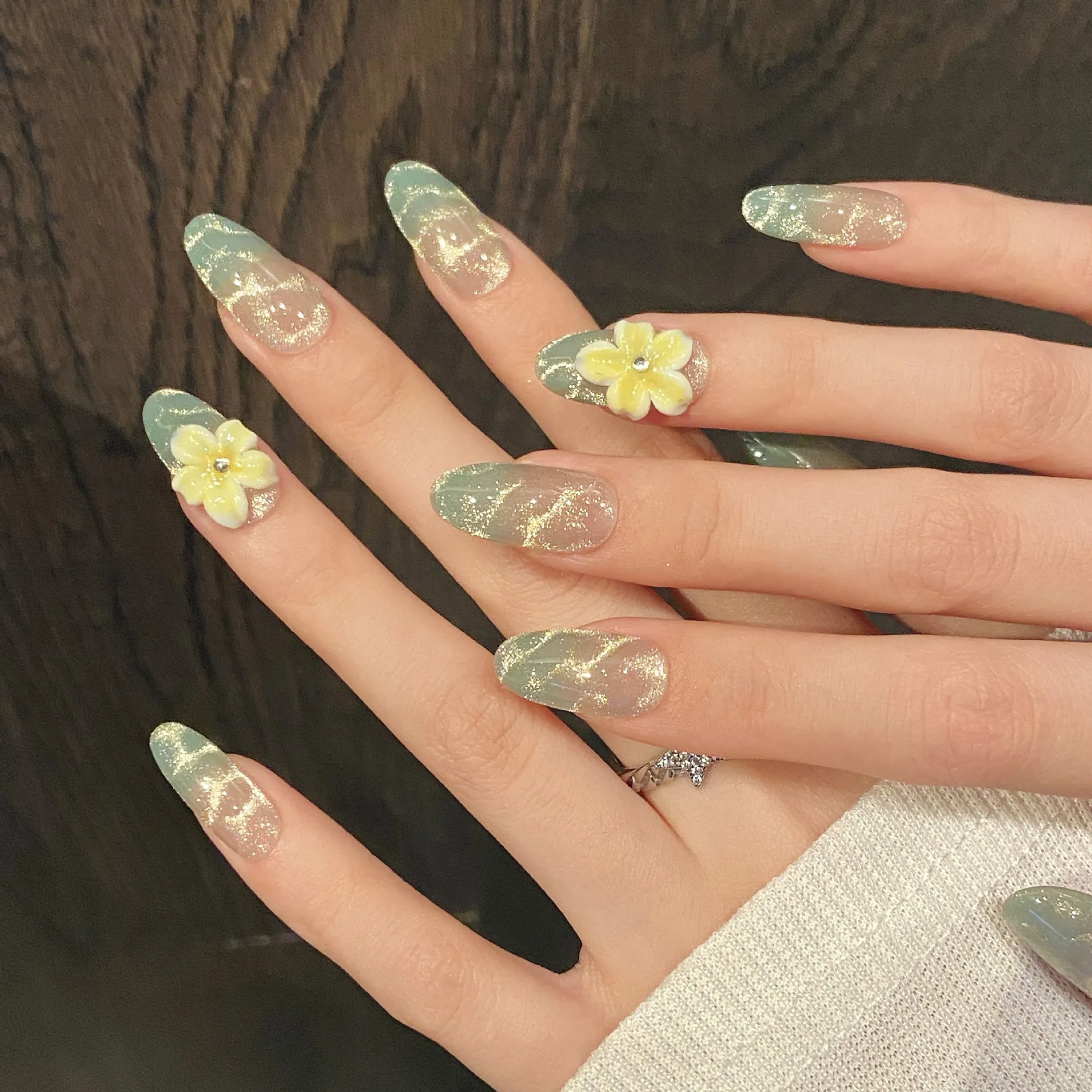 10pcs Pure Hand Pressed Oval Nail Art,Nice Fake Nail,Lemon Sea Salt, Mint Green Ripple Cat's Eye Flower,Suitable For Women