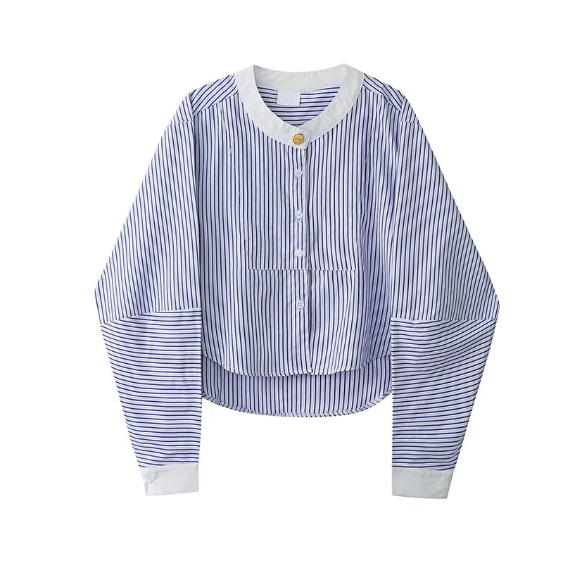 

Рубашки SuperAen с синими полосками и длинными рукавами для женщин, весна 2026, новинка, элегантные свободные укороченные топы во французском стиле