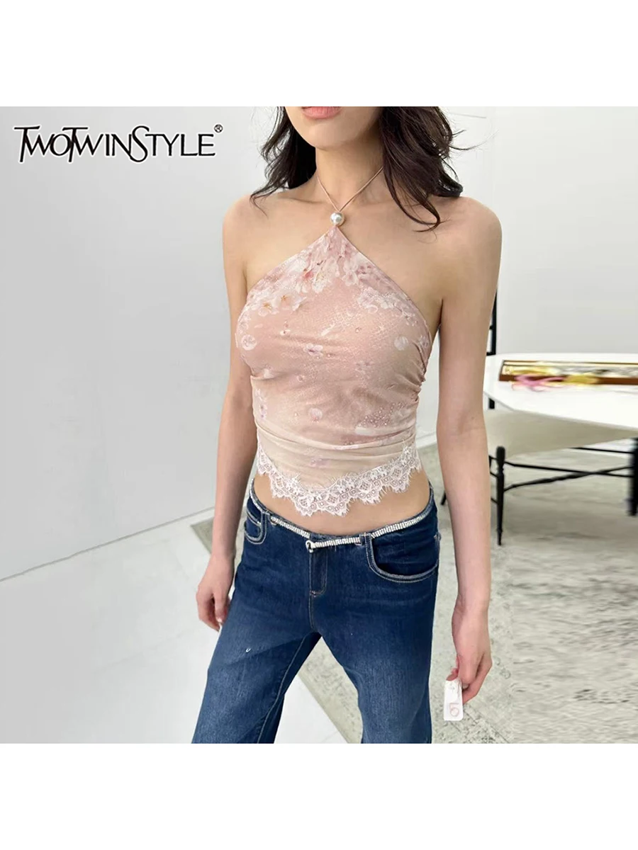 

TWOTWINSTYLE хит цвета печати сращенные кружевные сексуальные жилеты для женщин Холтер без рукавов черный элегантный жилет женская одежда новая