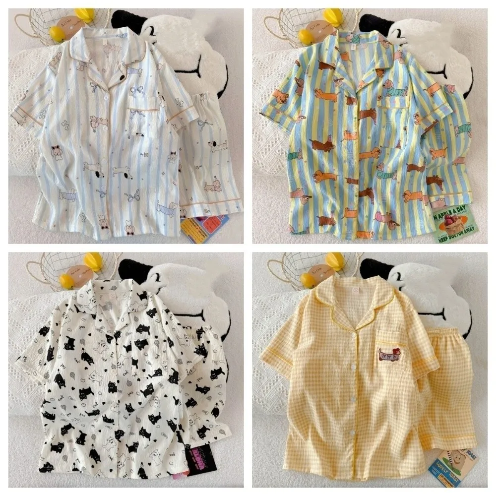 Kawaii Short Sleeve Cartoon Pajamas Set Kitten Dog Cat Puppy Cat Nightwear Casual Shorts Animal Two Piece Nightwears Girl Gifts