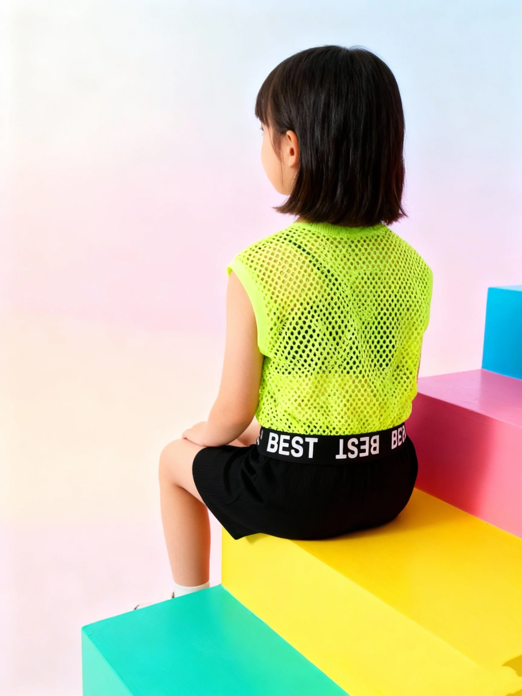 Three Piece Summer Girls' Mesh Hollow Letter Printed T-Shirt, Solid Color Tank Top, Shorts, Fashionable Casual Sports Set