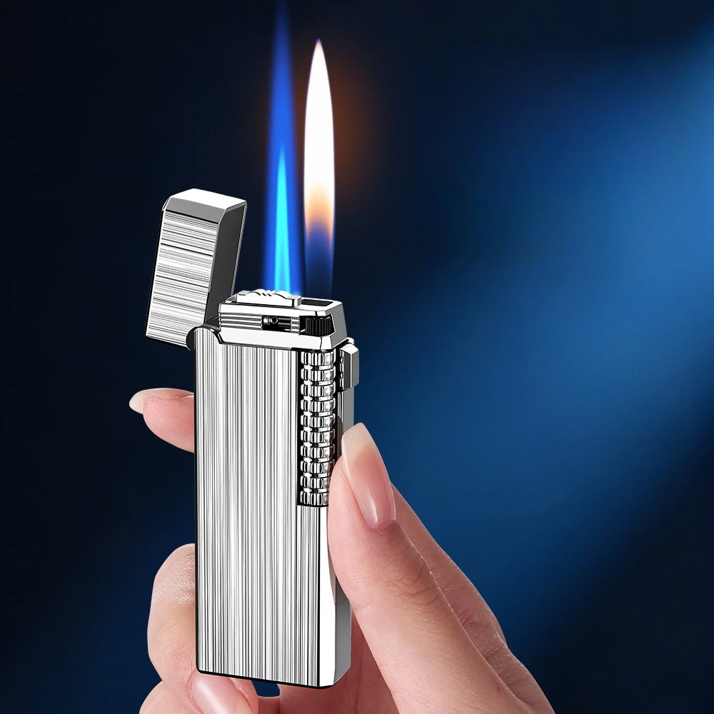 Zinc Alloy Double sided Precision Carving Narrow Edition Butane Gas Lighter Open Flame Switching Jet Flame Exquisite Lighters