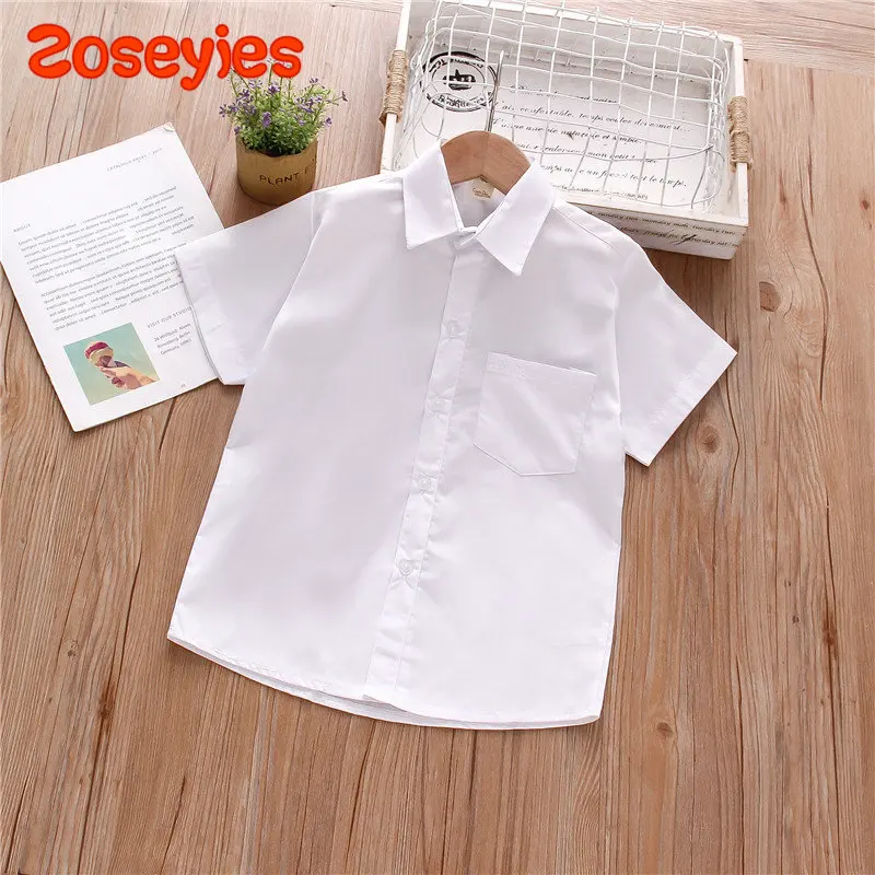 Boys' Top Summer New Children'S Clothing Simple Stand-Up Tie Pocket Solid Color Shirt School Student Performance Clothing