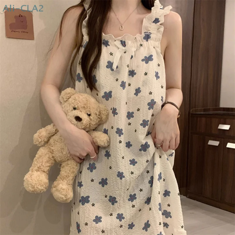 Women Floral Printed Summer Casual Sling Mid-Length Nightdress Home Wear