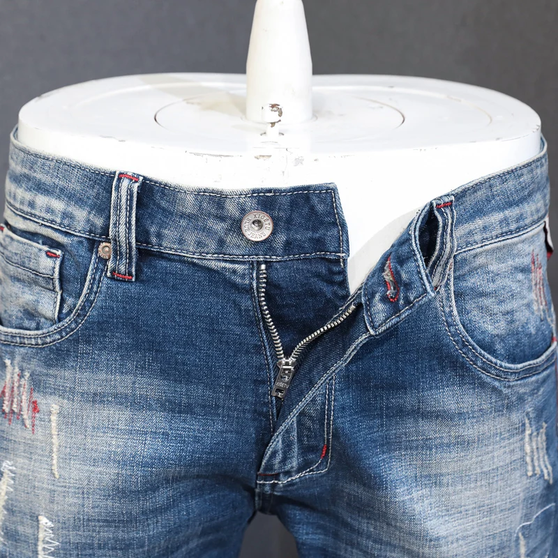 Fashion Vintage Men Jeans High Quality Retro Blue Elastic Slim Fit Patched Ripped Jeans Embroidery Designer Denim Pants Hombre