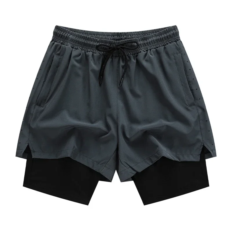 Calça de moletom fina 2 em 1 masculina, 2 em 1, corrida, academia, treinamento, shorts esportivos, bolsos com zíper, casual, calça dupla de fitness