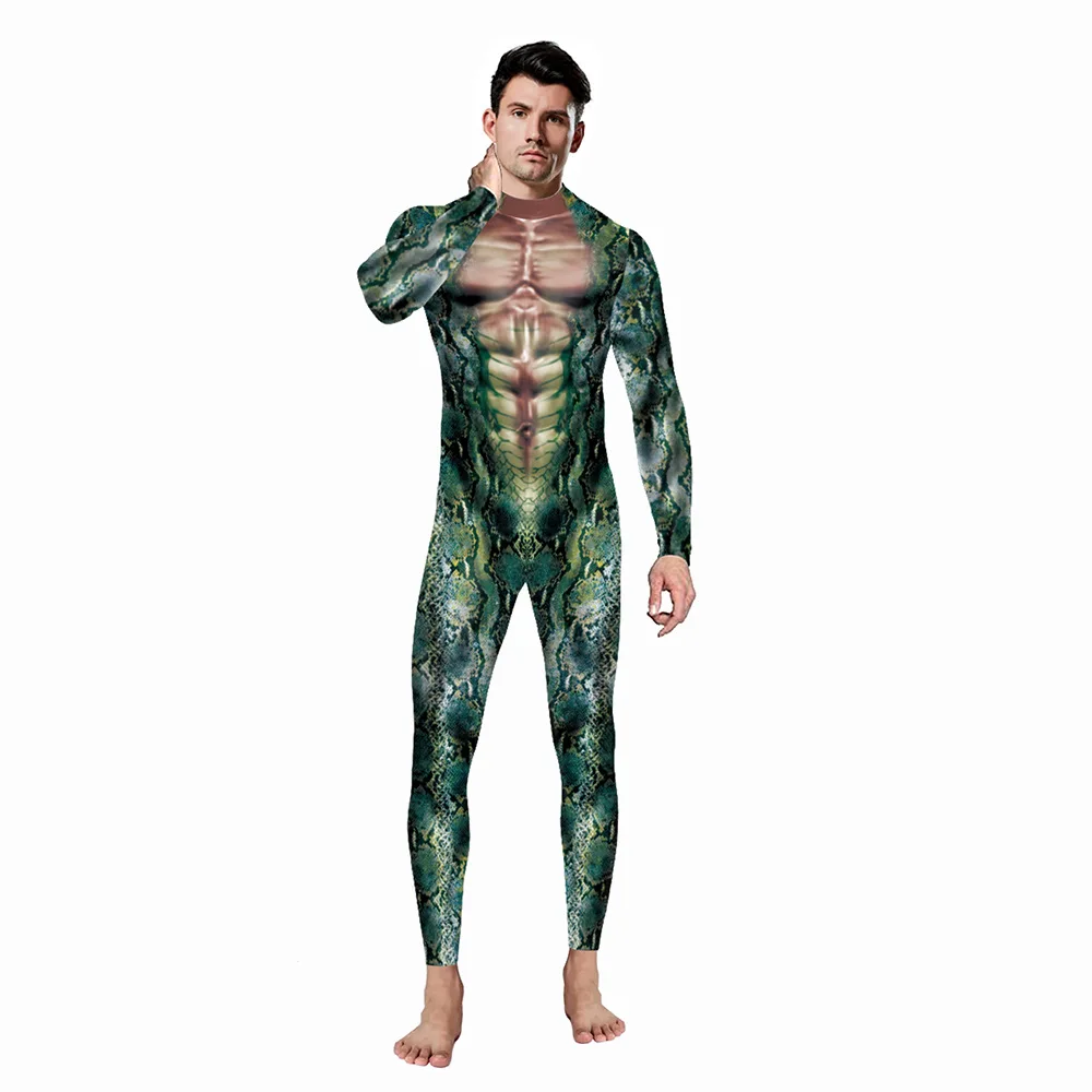 

New European And American Style Animal Snake Print 3D Digital Printed Jumpsuit Couple Set Long Sleeve One-piece Suit