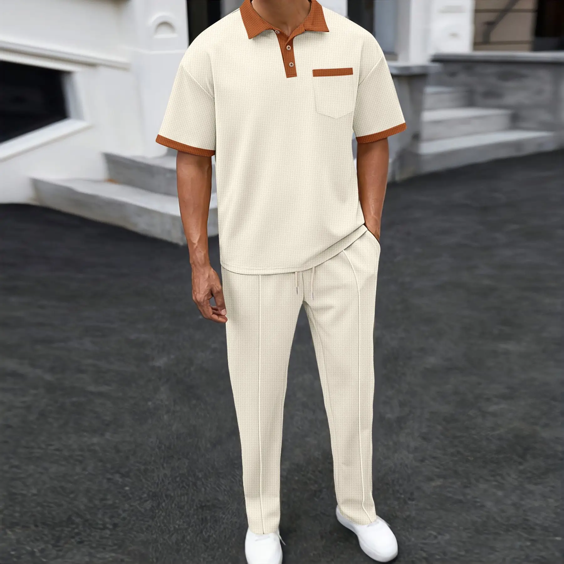 

2026 Men's New Waffle Lapel Color Matching Short-sleeved Trousers Two-piece Casual Suit