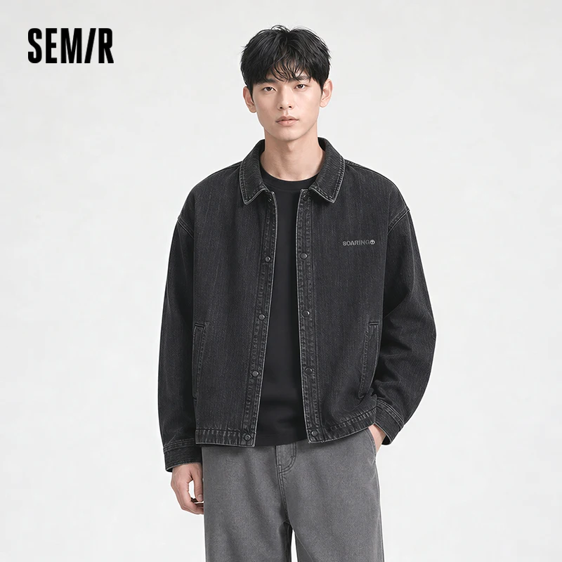 Semir Men Jacket Denim Coach Style Loose Lapel Retro Classic 2026 Autumn Textured Fabric Casual Outerwear Daily Layer