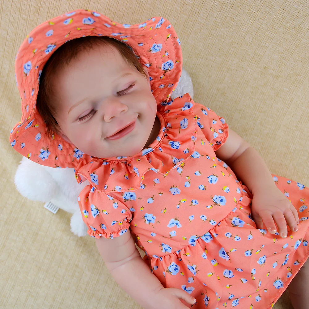 18-calowa winylowa lalka Reborn, edycja kolekcjonerska, uroczy pomarańczowy strój na co dzień, słodkie uśmiechnięte twarzyczko śpiące, ruchome stawy.