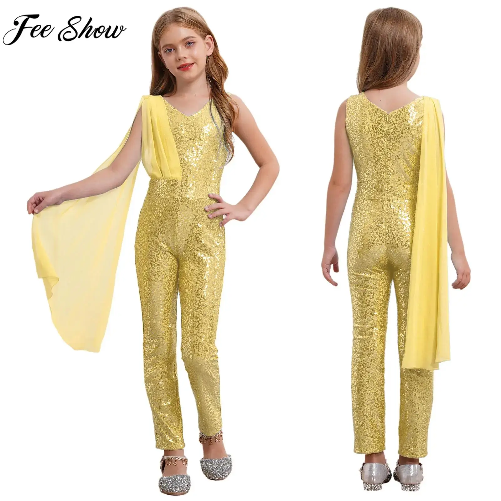 

Children Girls Shiny Sequin Party Jumpsuit Birthday Wedding Prom Dancing Costume Sleeveless Solid Color Chiffon Shawl Bodysuit