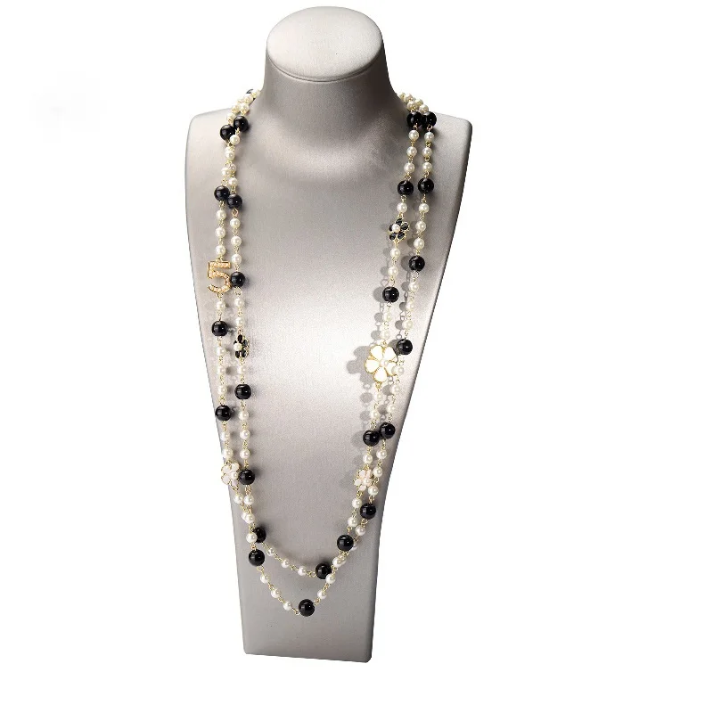 تقليد اللؤلؤ قلادة طويلة للمرأة سترة سلسلة زهرة امرأة القلائد المجوهرات الفاخرة #5