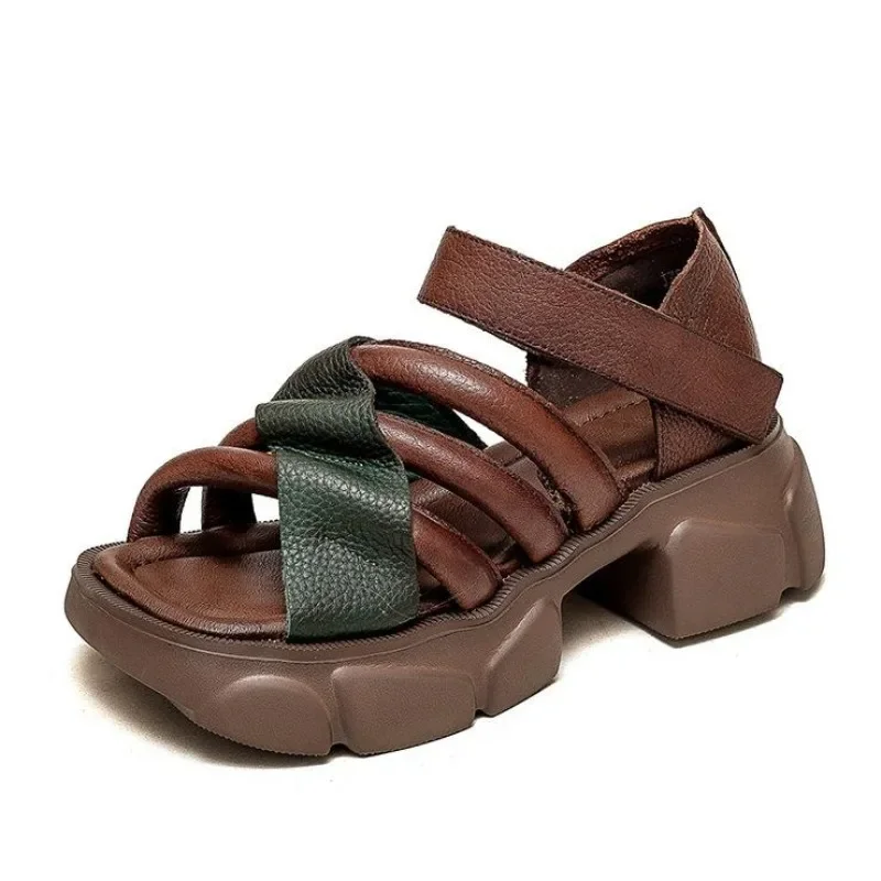 

Женские сандалии 6 см, модные сандалии на платформе из коровьей кожи с крючками, роскошные женские летние туфли на толстой подошве ROME с большим носком в стиле ретро