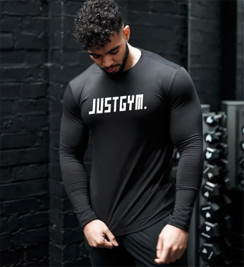 

Running T-shirts Mens JUST GYM Clothing Autunm Cotton O-neck Fitness Long Sleeve T Shirts Slim Fit Muscle Sports Tees Shirts