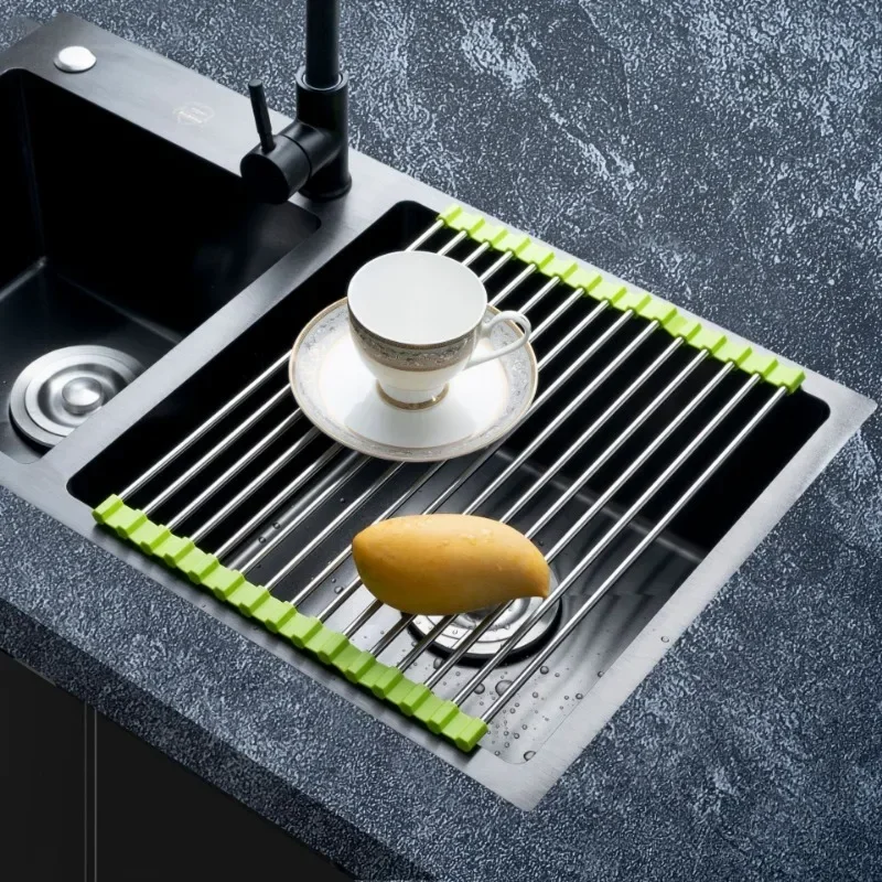 Silicone stainless steel vegetable and fruit bowls dishes drain rack kitchen sink arrangement shelf large tools