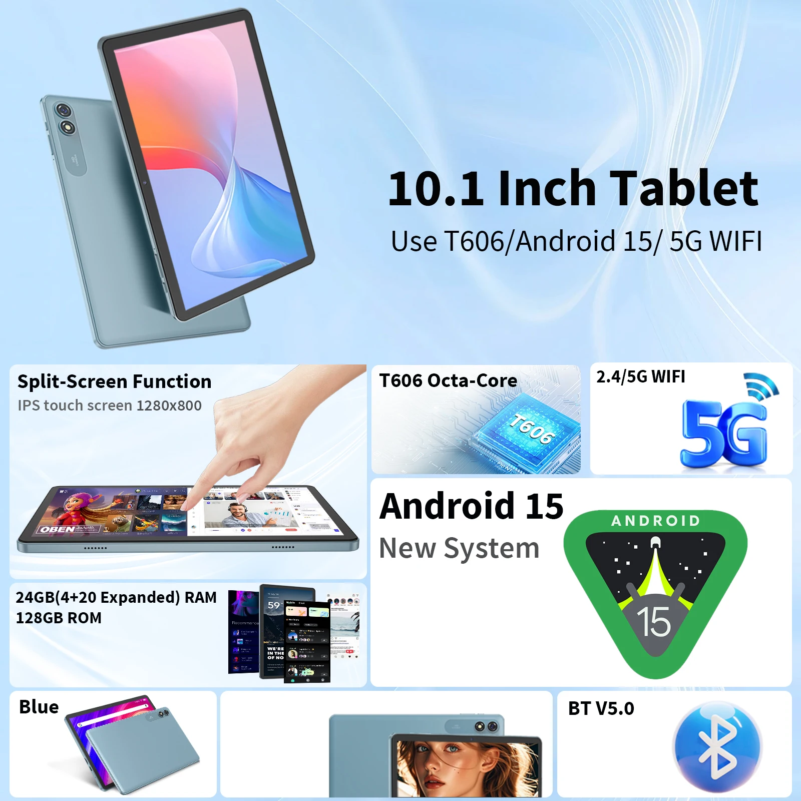 Relndoo New Android 15 Tablet 10.1 Inch, T606 Processo, 24GB(4+20 Expand) RAM 128GB ROM, IPS Screen, Dual Camera, 5G WiFi, GPS