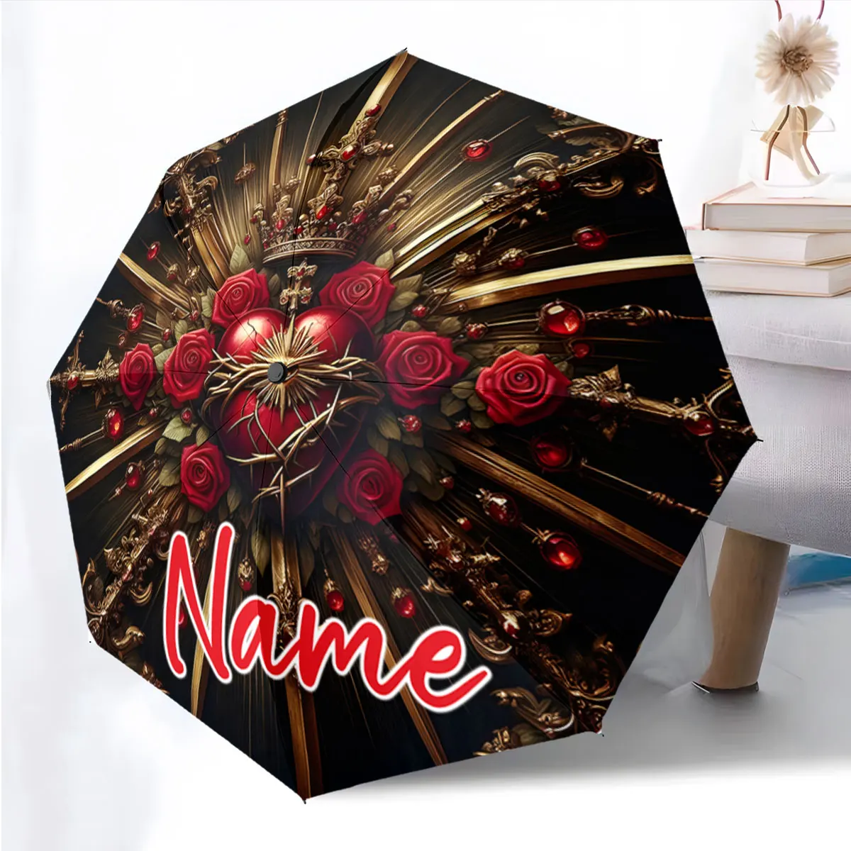 Custom Name  Artistic Umbrella with Roses and Gold Design Print 8 Iron Ribs Folding Umbrella Auto-Open Fashion Sunshade