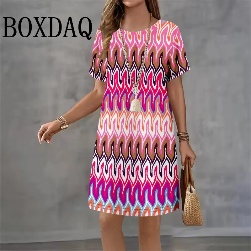 2025 ใหม่แฟชั่นรูปแบบฤดูร้อนชุดผู้หญิงสบายๆเสื้อยืดแขนสั้นหลวมสีสันลาย 3D พิมพ์