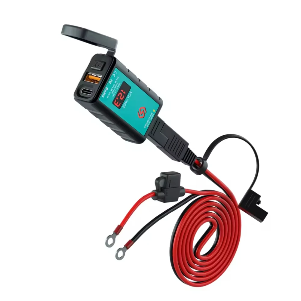 Fast QC3.0 Motorcycle USB & Type-C Charger With Voltmeter, IP66 Waterproof, 12V-24V, On/Off Switch For Phones