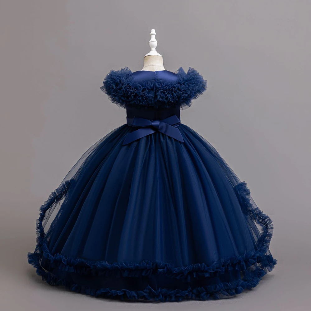 HETISO Long Flower Girl Party Dresses For Wedding Guest Kids Bridesmaid Christmas Red Blue Lace Tulle First Communion