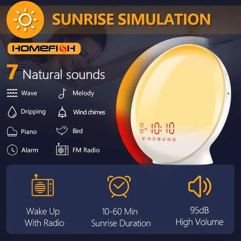 Sunrise Sunset Simulation Awakening Alarm Clock with Colorful Atmosphere Light and FM Radio Function.Relaxed Natural Sound Tunes