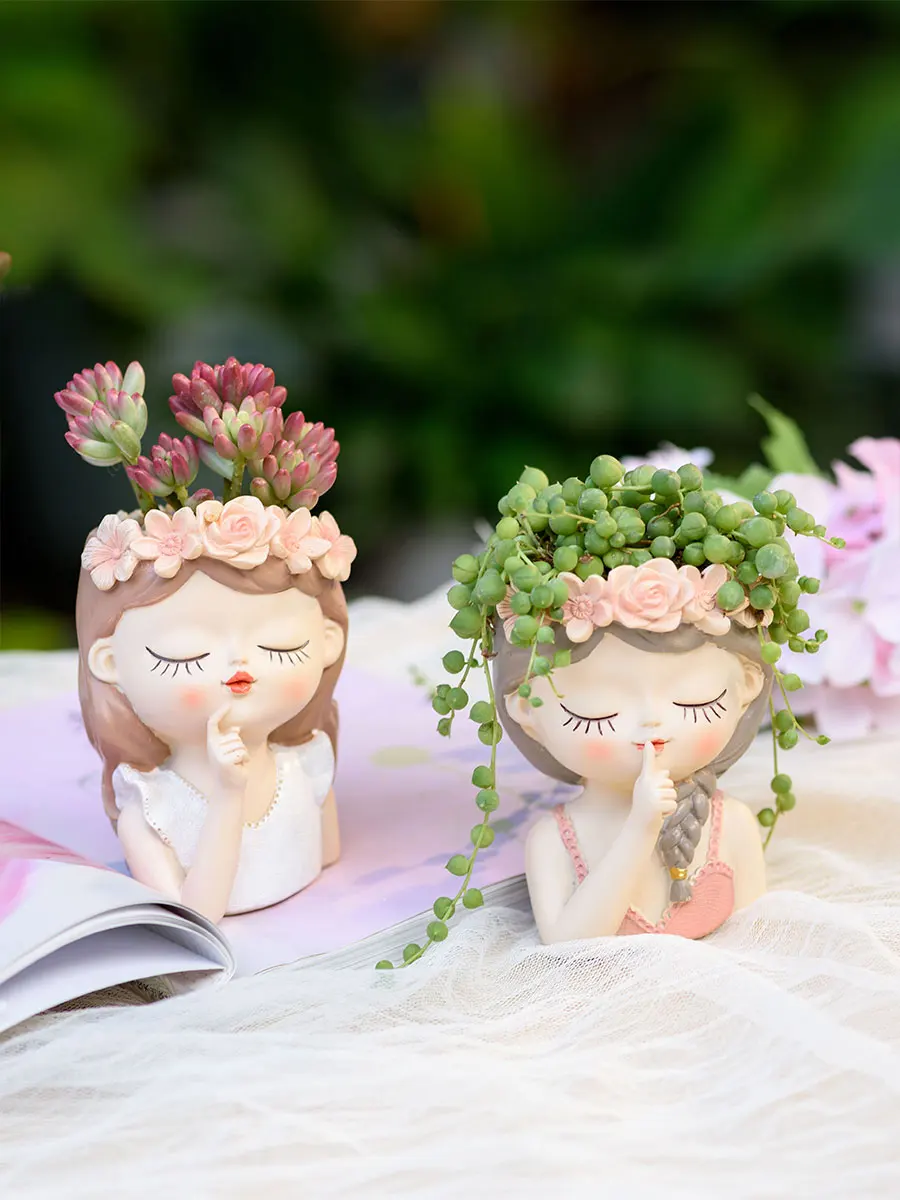 Fairy Succulents Planters Flower Pots Cactus Plant Pot Lovely Girl Head Bonsai Planter Pots Table Ornaments with Drainage Hole