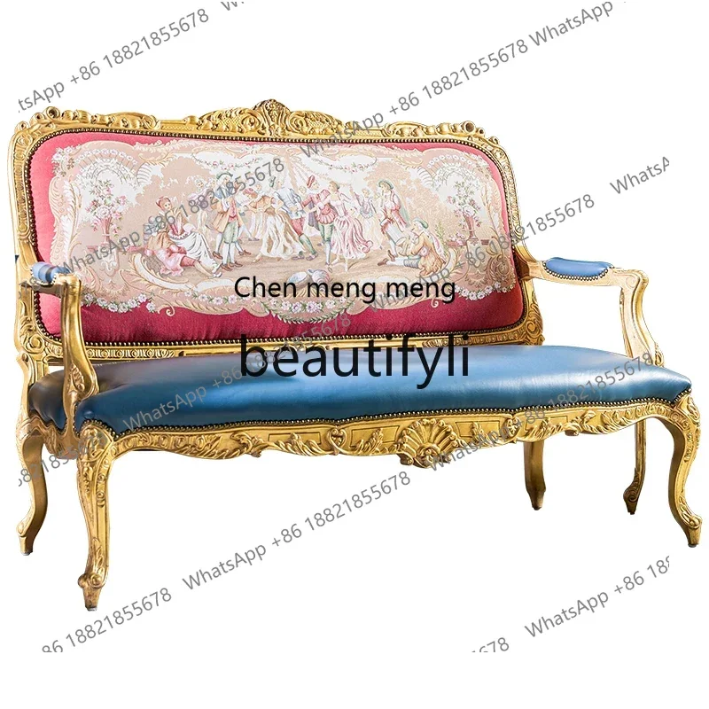 

French leather retro sofa full solid wood high-end furniture