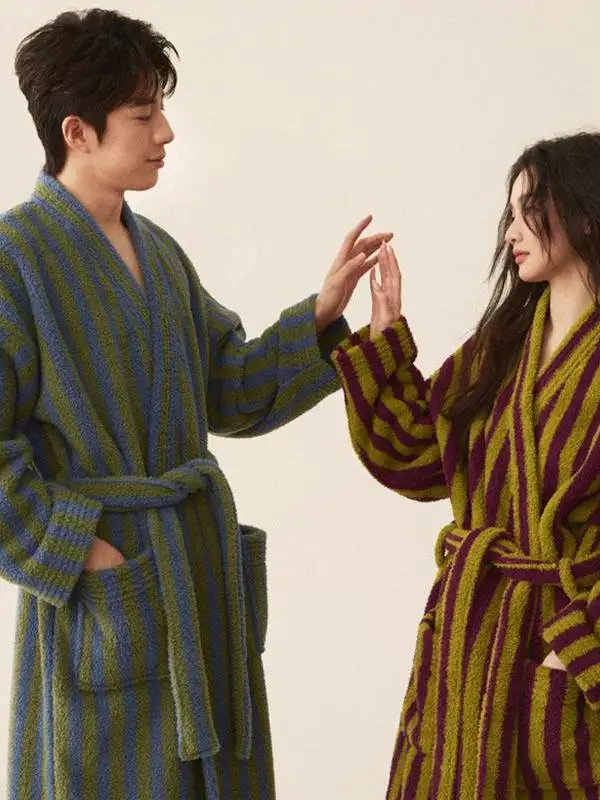 メンズ厚手フリースコーラルベルベットスリープローブ秋冬ホームウェアナイトガウンレディース下着ロングストライプ柄