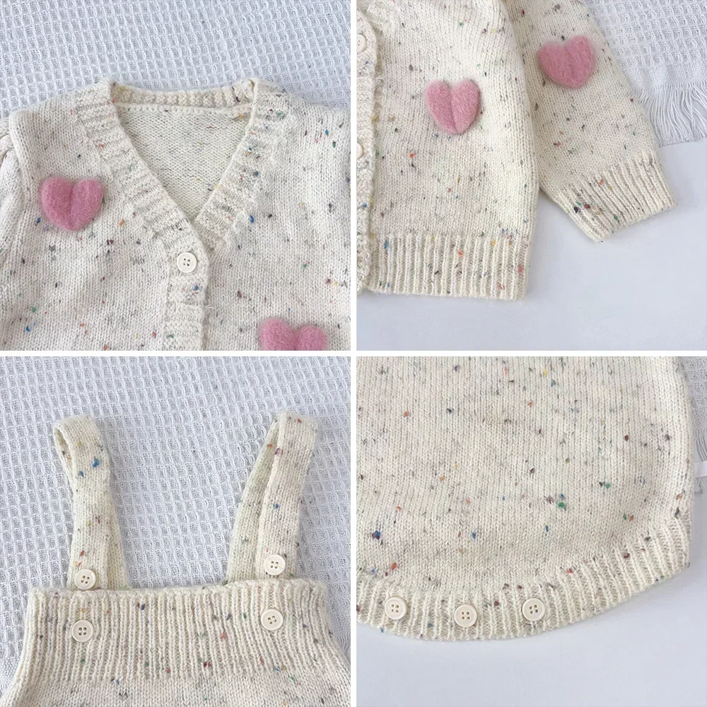 Vestiti Beige delle neonate rosa 3D decorazione del cuore maglione Cardigan con scollo a v + tuta con bretelle set per bambini vestiti della neonata