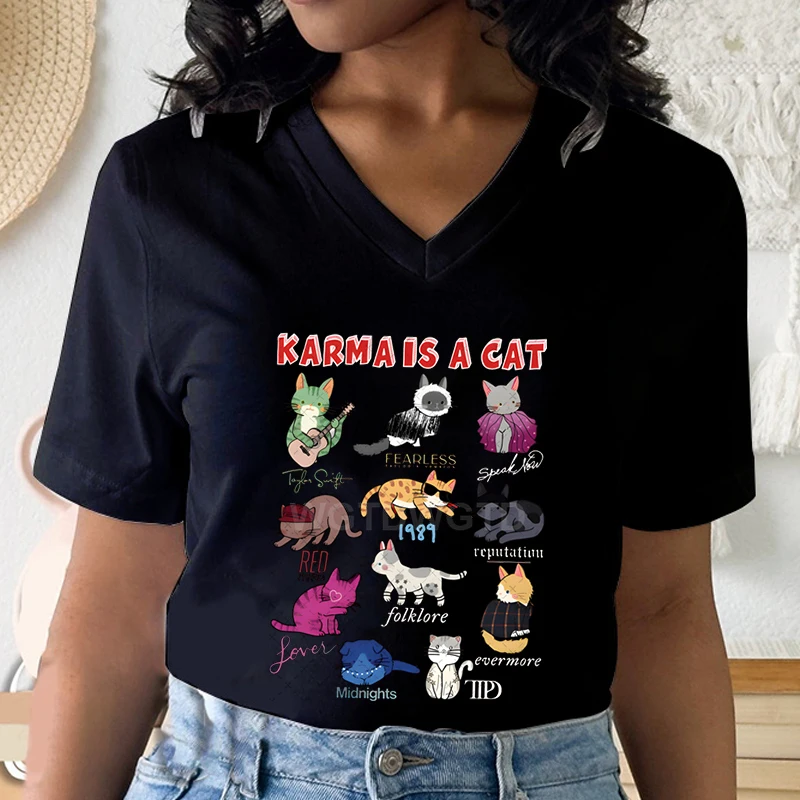 Karma Is A Cat Shirt V-neck Women's Clothing Cartoon Animal Midnights Retro T-shirt Cats Lover Tee Karma Cat Classic T-shirts