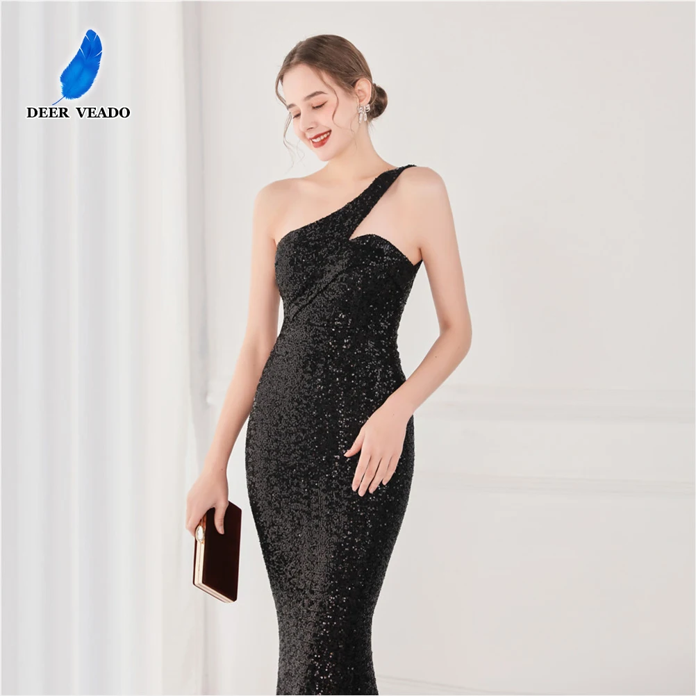 

DEERVEADO Elegant Mermaid One Shoulder Evening Dresses for Woman Sequins Wedding Party Dresses Long Prom Gown