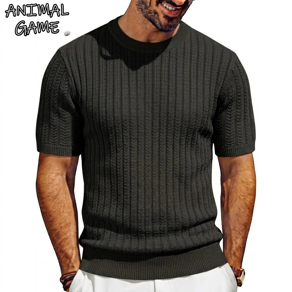 Sommer Herren Kurzarm T-Shirts Atmungsaktive Strickwaren Vintage Gestreifte Strukturierte Hemden Strickhemden für Männer Strand Coole Pullover Oberteile