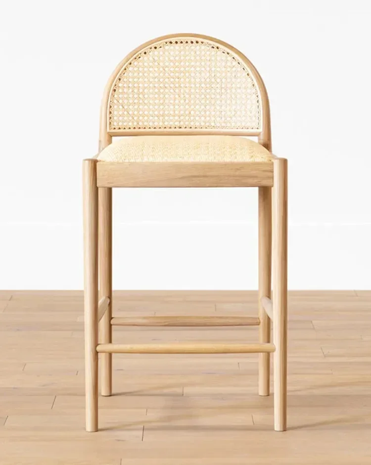 Nordic Woven Rattan Stool Home Luxury Bar Casual Dining Chairs Modern Minimalist Ash Wood High Stool Reception