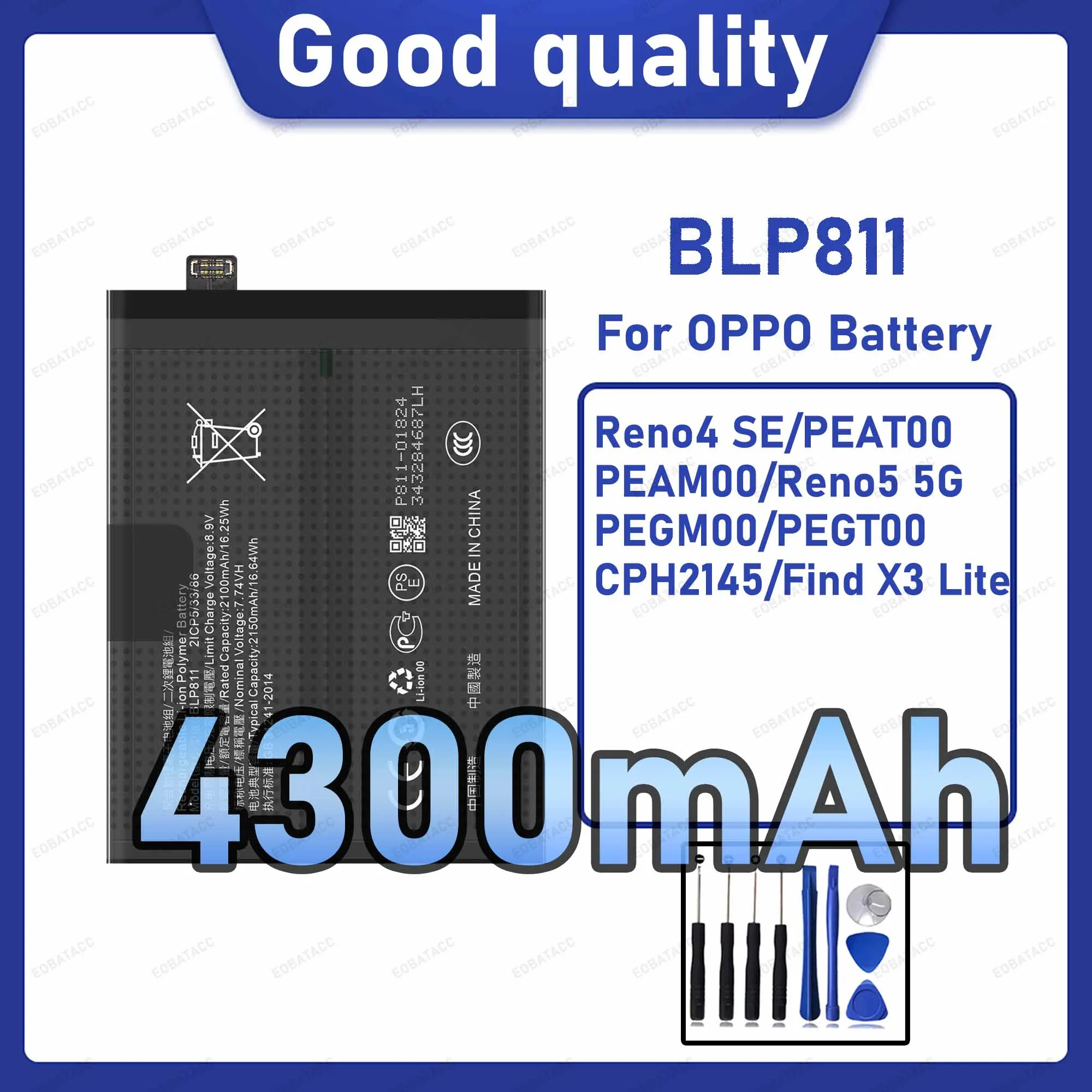 4300mAh BLP811 Replacement Battery for OPPO Reno4 SE/PEAT00/PEAM00/Reno5 5G with Repair Tools Kit