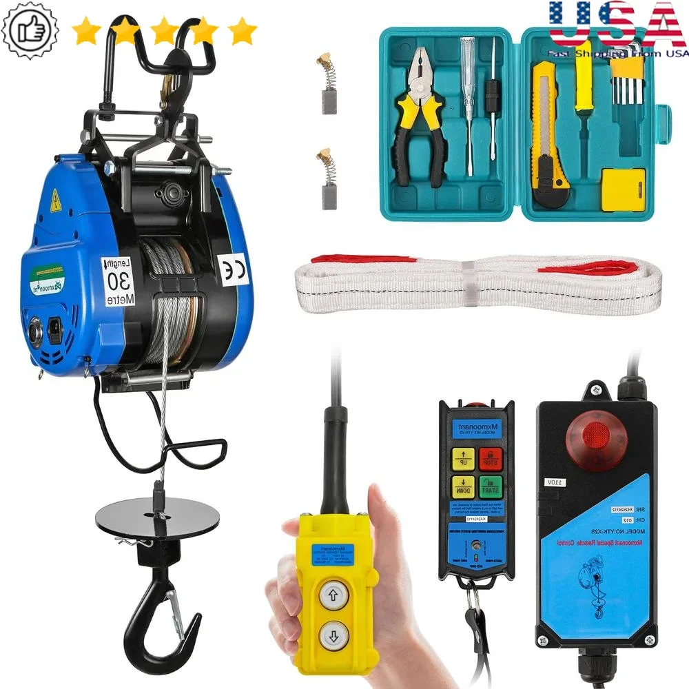 Fast Electric Hoist 1100lb 39ft/min Dual Control Wireless Remote Garage Winch Crane 98ft Lift Height Repair Shop Heavy Lifting