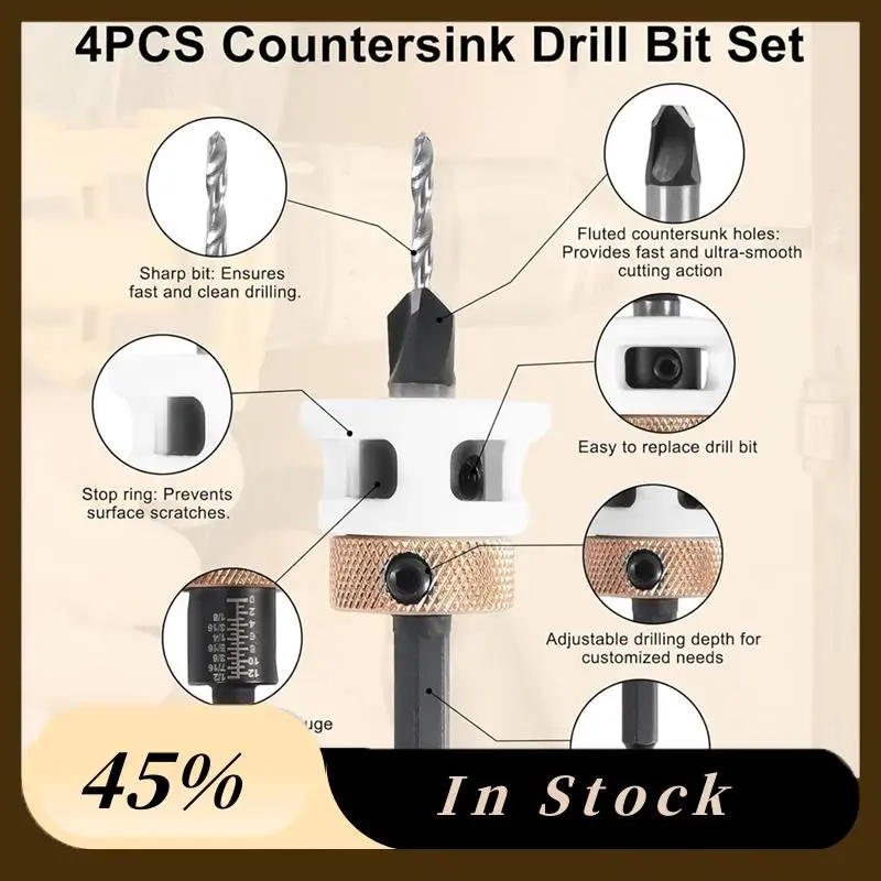 

2025 Trend4pcs Countersink Drill Bit Set With Low Friction Depth Stop & Replaceable HSS M2 Drill Bit, Counter Sink Drill Bit